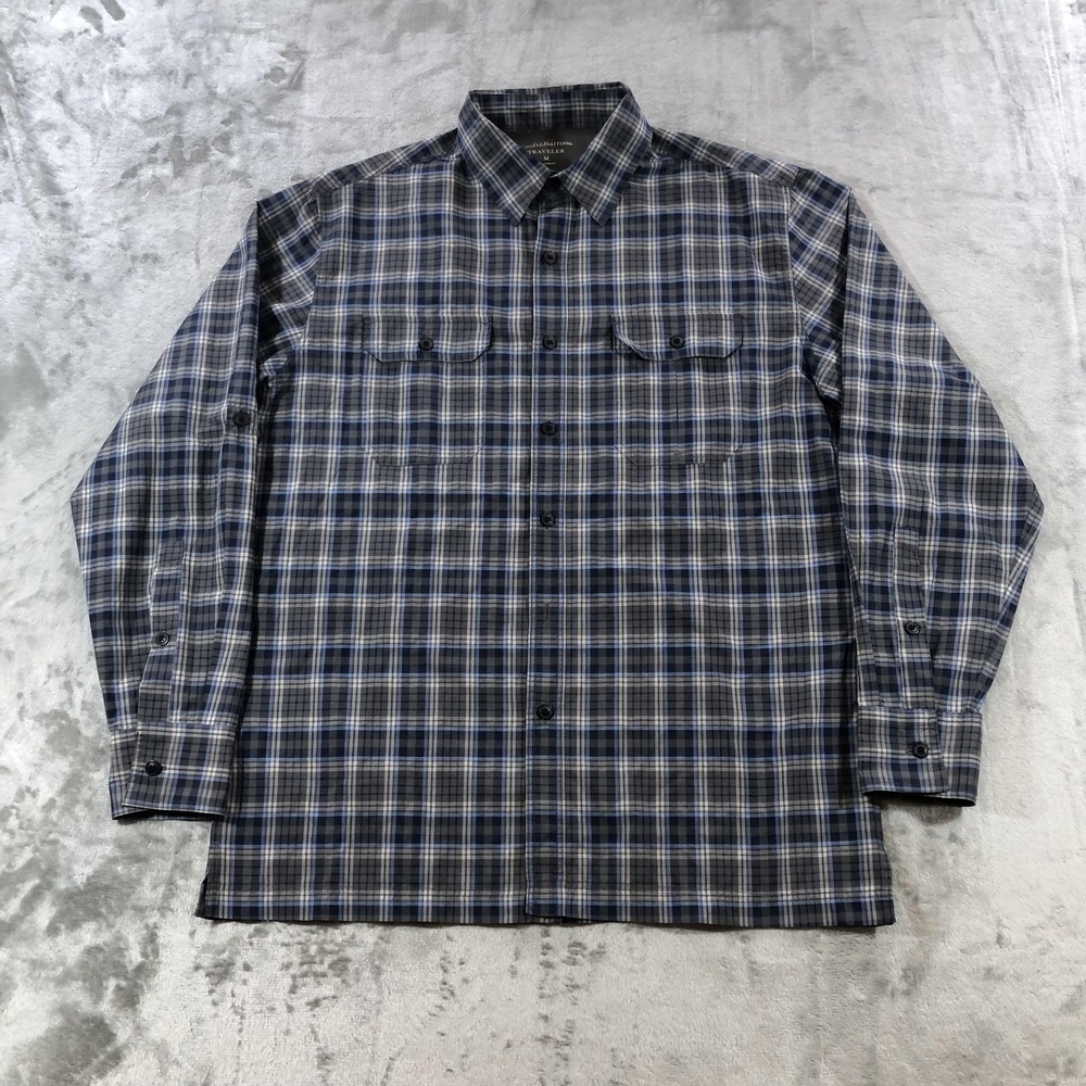 Croft & Barrow Traveler Shirt Mens Medium Blue Gray Plaid Vented Button Up